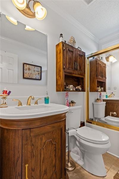 full bathroom featuring tile patterned floors, a textured ceiling, crown molding, enclosed tub / shower combo, and toilet