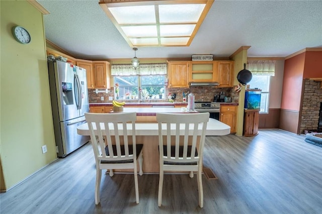 735 Hale Rd, Maysville, GA 30558 - kitchen featuring appliances with stainless steel finishes, healthy amount of natural light, light wood-style floors, a textured ceiling, and wainscoting