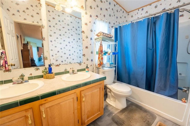735 Hale Rd, Maysville, GA 30558 - bathroom featuring wallpapered walls, shower / bath combo, double vanity, wood finished floors, and crown molding
