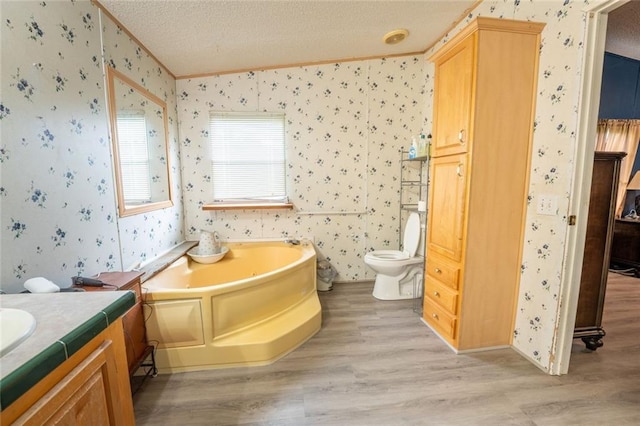 735 Hale Rd, Maysville, GA 30558 - full bathroom featuring wallpapered walls, wood finished floors, a garden tub, ornamental molding, and vanity