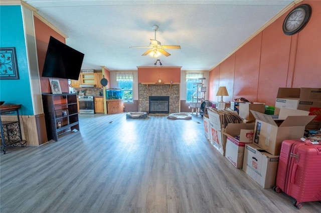 735 Hale Rd, Maysville, GA 30558 - living room featuring crown molding, ceiling fan, a fireplace, light wood-style floors, and a textured ceiling