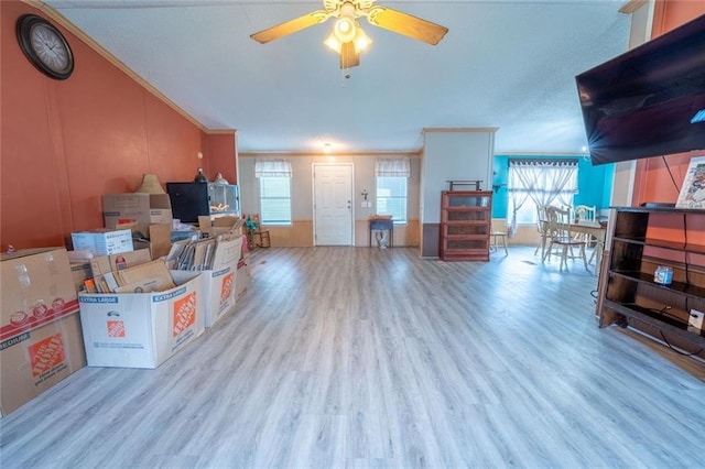 735 Hale Rd, Maysville, GA 30558 - living area featuring wood finished floors, ornamental molding, ceiling fan, and lofted ceiling