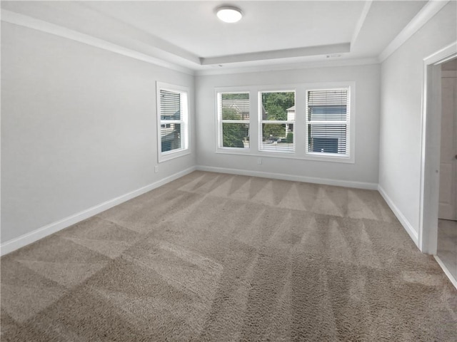 unfurnished room with a raised ceiling, baseboards, and carpet floors