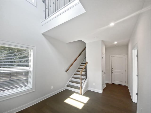 foyer with a skylight and dark hardwood / wood-style flooring