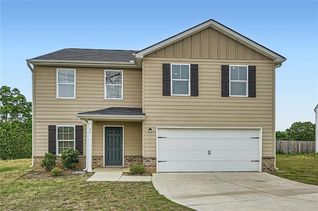 traditional-style house featuring concrete driveway, brick siding, an attached garage, and a front lawn