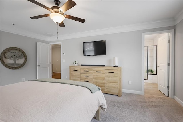 carpeted bedroom with crown molding and ceiling fan