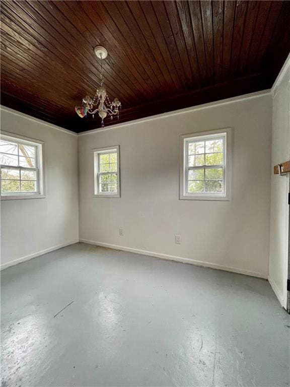 unfurnished room featuring concrete floors, an inviting chandelier, and wood ceiling