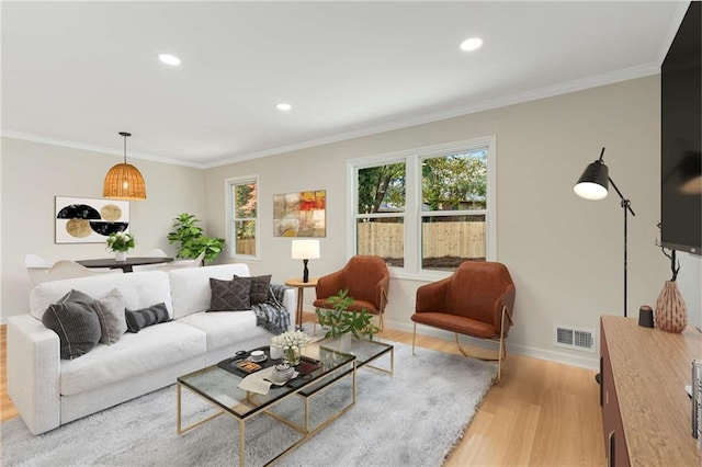 living room with light wood-type flooring and ornamental molding