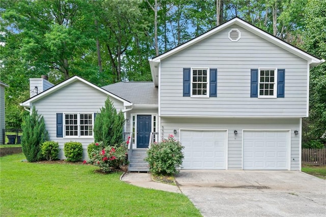 5590 Princeton Oaks Dr, Sugar Hill, GA 30518 - split level home with an attached garage, concrete driveway, and a chimney