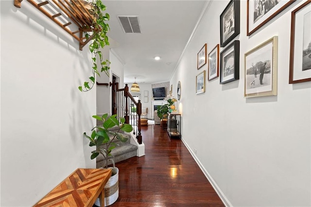 hall with crown molding and dark wood-type flooring