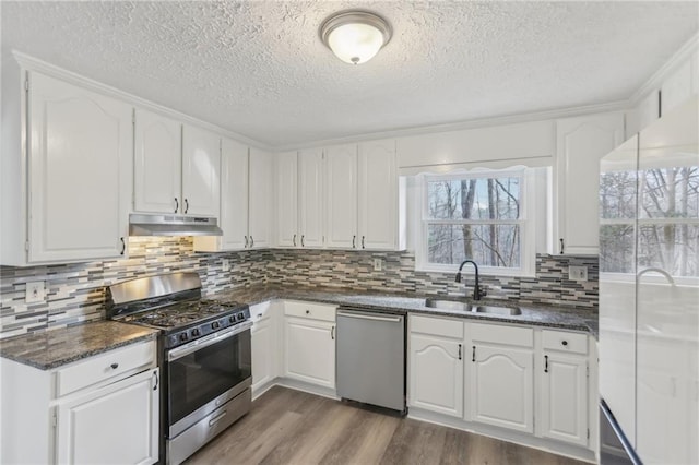 kitchen with a healthy amount of sunlight, appliances with stainless steel finishes, sink, and white cabinets