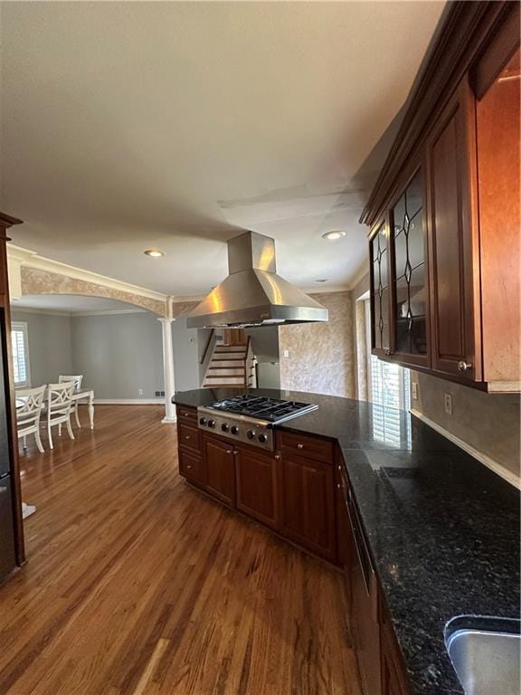 kitchen featuring stainless steel gas stovetop, dark wood finished floors, island range hood, and a healthy amount of sunlight