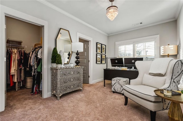 sitting room featuring a chandelier, crown molding, and carpet flooring