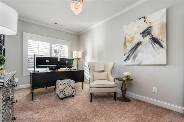 carpeted office featuring ornamental molding