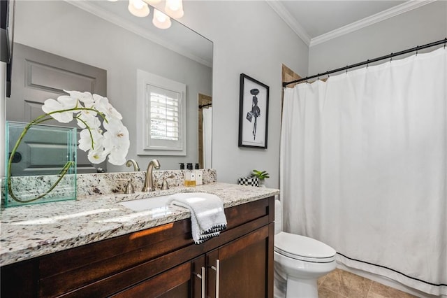 bathroom featuring toilet, walk in shower, tile patterned floors, vanity, and ornamental molding