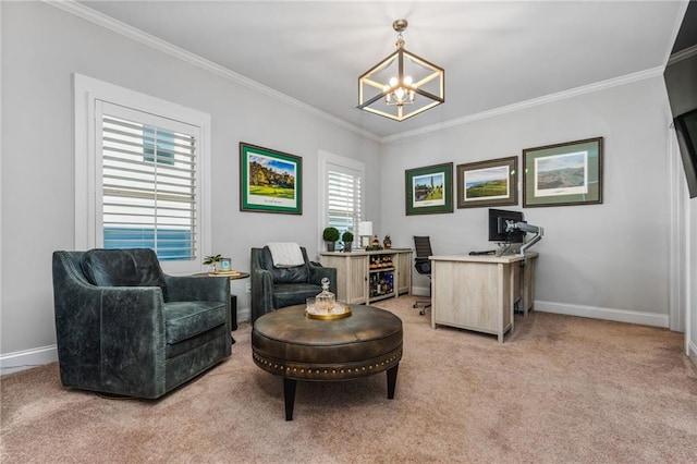 carpeted home office with ornamental molding, a notable chandelier, and a healthy amount of sunlight