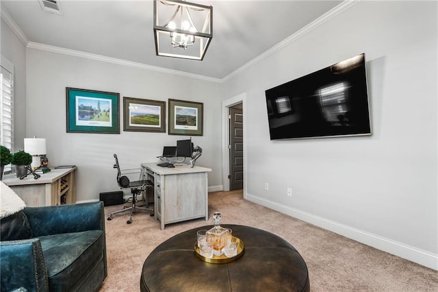 office featuring a notable chandelier, light colored carpet, and crown molding