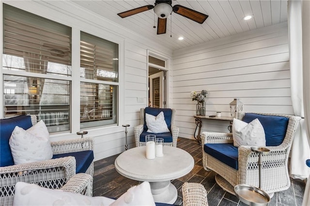 view of patio with ceiling fan and outdoor lounge area