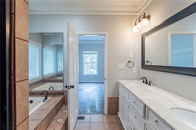 402 John Tate Rd NW, Acworth, GA 30102 - full bathroom featuring crown molding, double vanity, a bath, and tile patterned floors