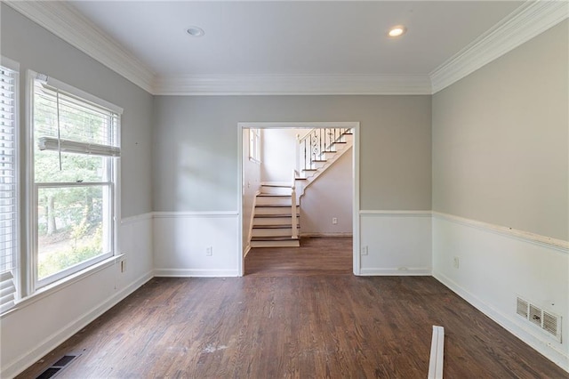 402 John Tate Rd NW, Acworth, GA 30102 - empty room with ornamental molding, stairs, dark wood-style floors, and recessed lighting