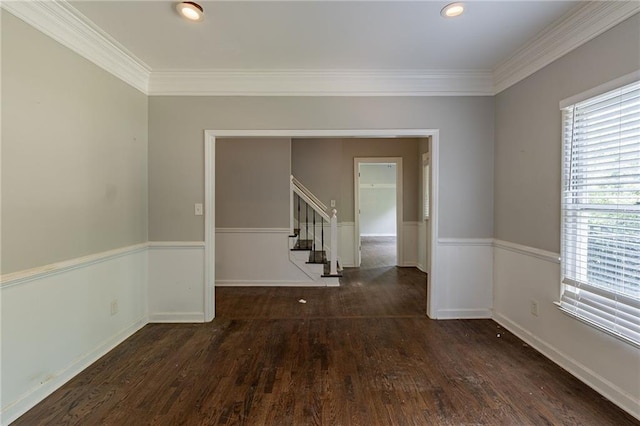 402 John Tate Rd NW, Acworth, GA 30102 - empty room with stairway, ornamental molding, wood finished floors, and recessed lighting