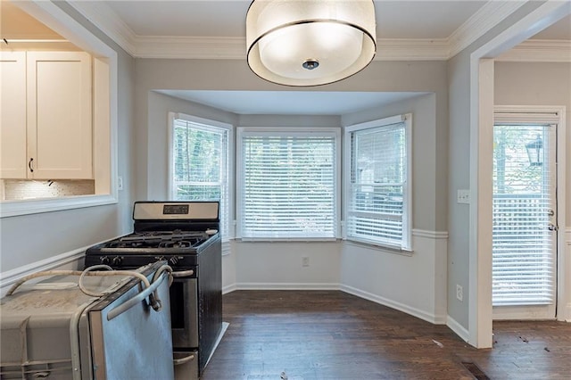402 John Tate Rd NW, Acworth, GA 30102 - kitchen with stainless steel range with gas stovetop, crown molding, dark wood finished floors, and white cabinets