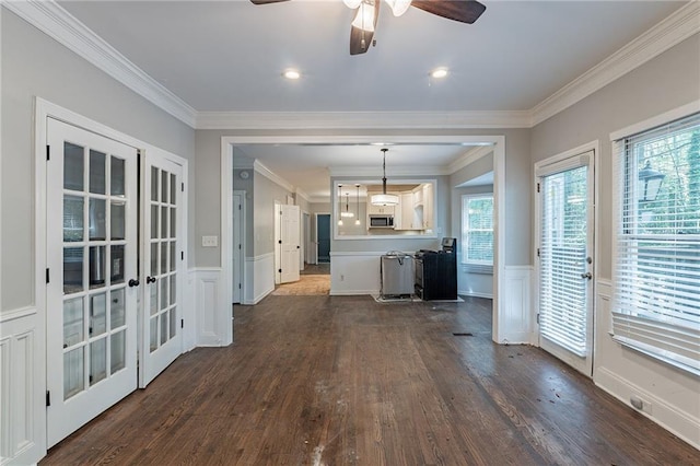 402 John Tate Rd NW, Acworth, GA 30102 - kitchen featuring stainless steel microwave, ornamental molding, dark wood-style flooring, ceiling fan, and healthy amount of natural light