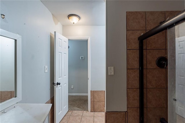 402 John Tate Rd NW, Acworth, GA 30102 - full bath featuring tiled shower, tile patterned floors, and vanity