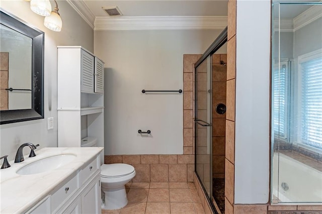 402 John Tate Rd NW, Acworth, GA 30102 - bathroom with crown molding, vanity, a stall shower, and plenty of natural light