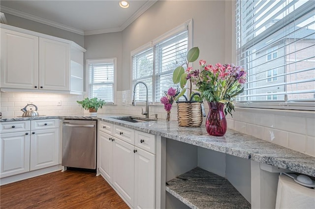 kitchen featuring sink, dishwasher, backsplash, light stone counters, and white cabinets