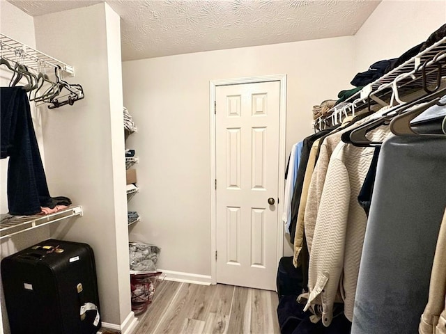 walk in closet with light hardwood / wood-style floors