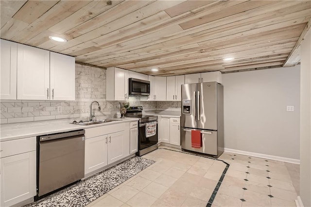 kitchen featuring white cabinetry, appliances with stainless steel finishes, sink, and wooden ceiling