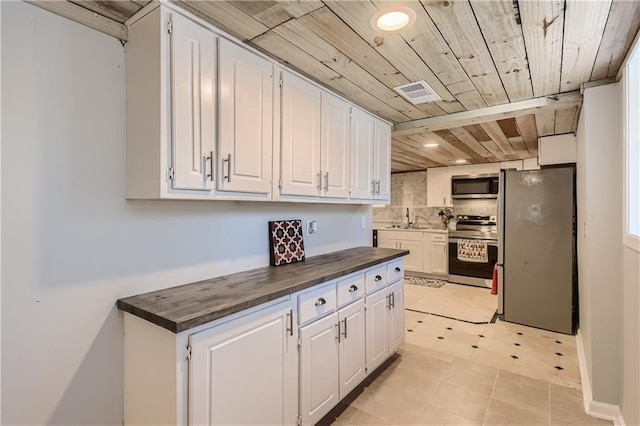 kitchen featuring white cabinetry, wood counters, appliances with stainless steel finishes, and sink