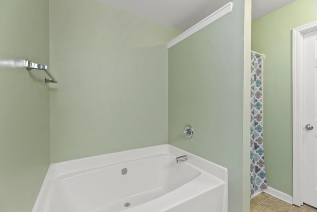 full bathroom with a bath, curtained shower, baseboards, and tile patterned floors