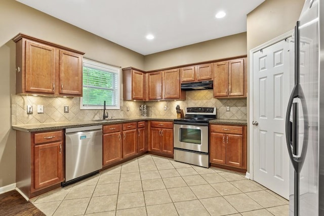 kitchen with appliances with stainless steel finishes, a sink, under cabinet range hood, brown cabinetry, and recessed lighting
