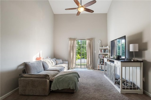 210 Cottonwood Creek Cir, Canton, GA 30114 - living area with high vaulted ceiling, a ceiling fan, carpet flooring, and baseboards