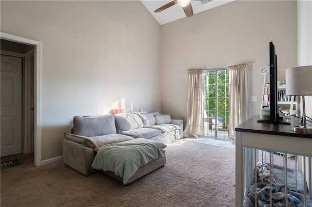 210 Cottonwood Creek Cir, Canton, GA 30114 - carpeted living room featuring a ceiling fan and high vaulted ceiling