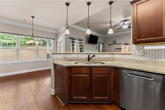 kitchen featuring stainless steel dishwasher, visible vents, a peninsula, tasteful backsplash, and a sink