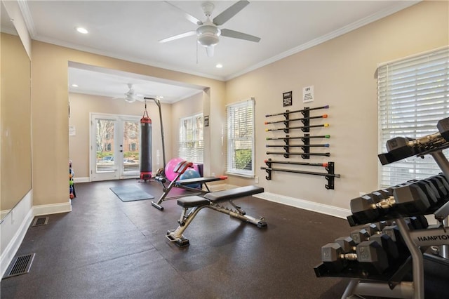 exercise area featuring french doors, ceiling fan, ornamental molding, and a wealth of natural light