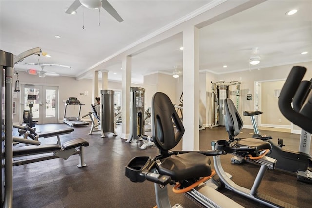 exercise room with french doors, ceiling fan, and ornamental molding