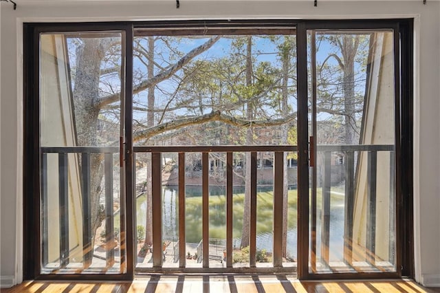 doorway to outside featuring a water view