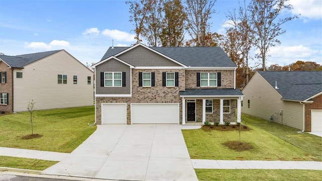 view of front facade with a garage, concrete driveway, brick siding, and a front lawn