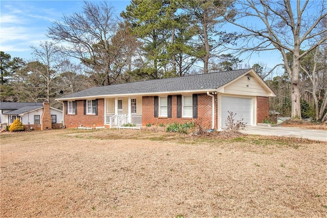 ranch-style house featuring a garage, brick siding, a shingled roof, concrete driveway, and a front yard