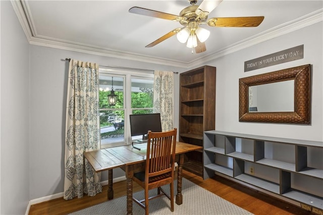 205 Glencourtney Dr, Sandy Springs, GA 30328 - office area featuring wood finished floors, crown molding, ceiling fan, and baseboards