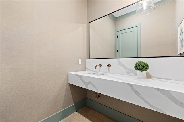 bathroom with wood-type flooring and sink