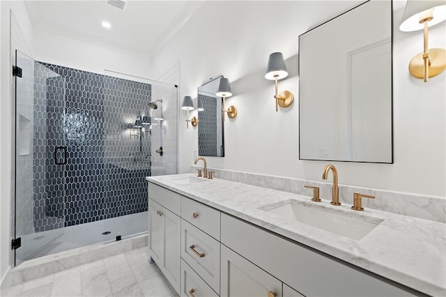 bathroom featuring ornamental molding, vanity, and walk in shower