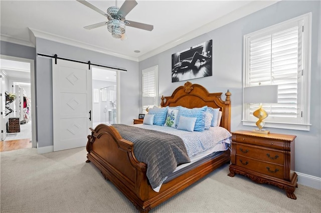 11 York Trce, Cartersville, GA 30121 - bedroom featuring light carpet, a barn door, crown molding, multiple windows, and baseboards