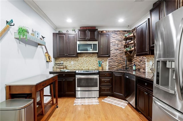 11 York Trce, Cartersville, GA 30121 - kitchen with stainless steel appliances, a sink, open shelves, backsplash, and crown molding