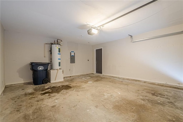 garage featuring a garage door opener, electric panel, and electric water heater