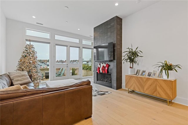 living room featuring a fireplace and light hardwood / wood-style flooring